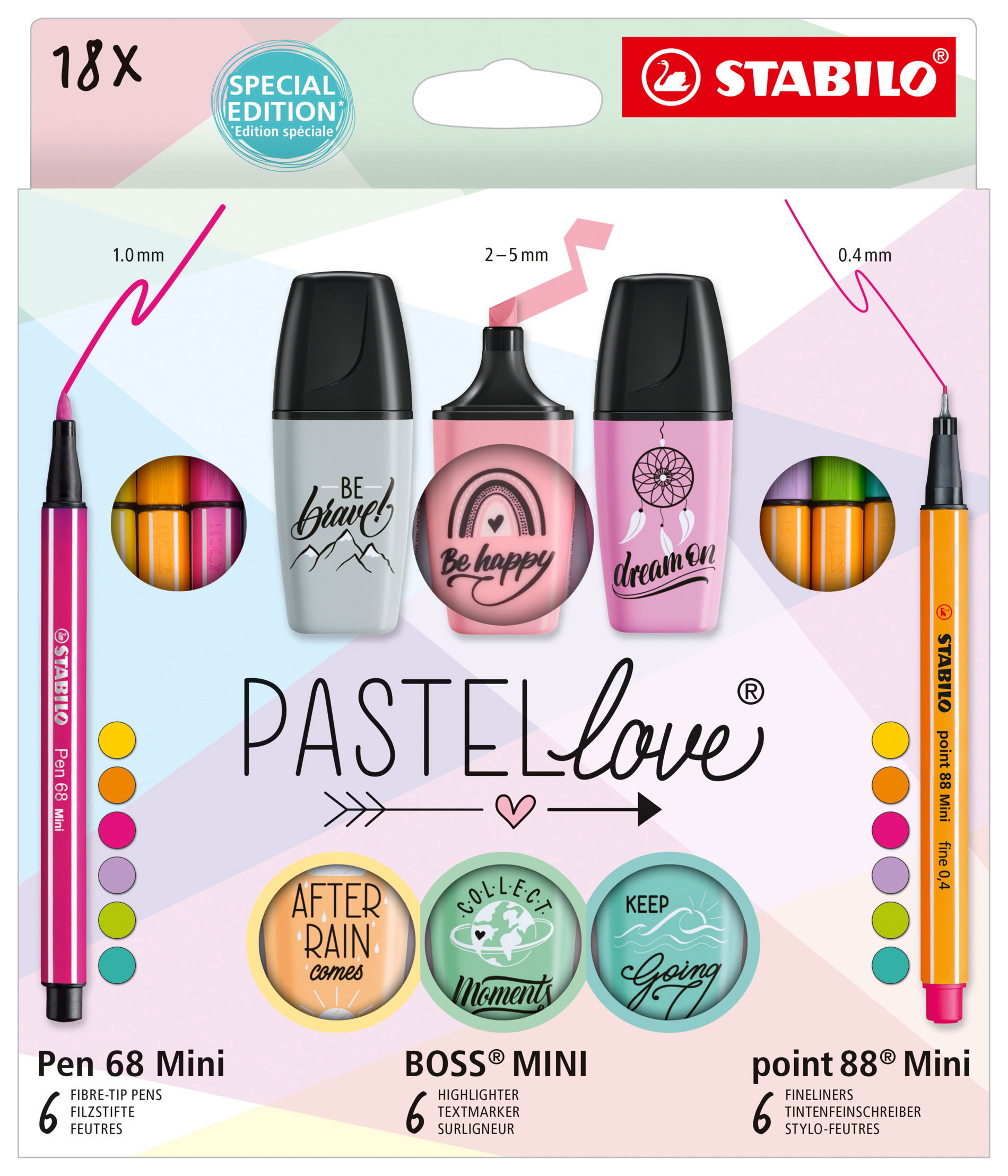 Cofret de 18 pièces : 6 mini feutres + 6 mini feutres fins + 6 mini surligneurs STABILO Surligneur