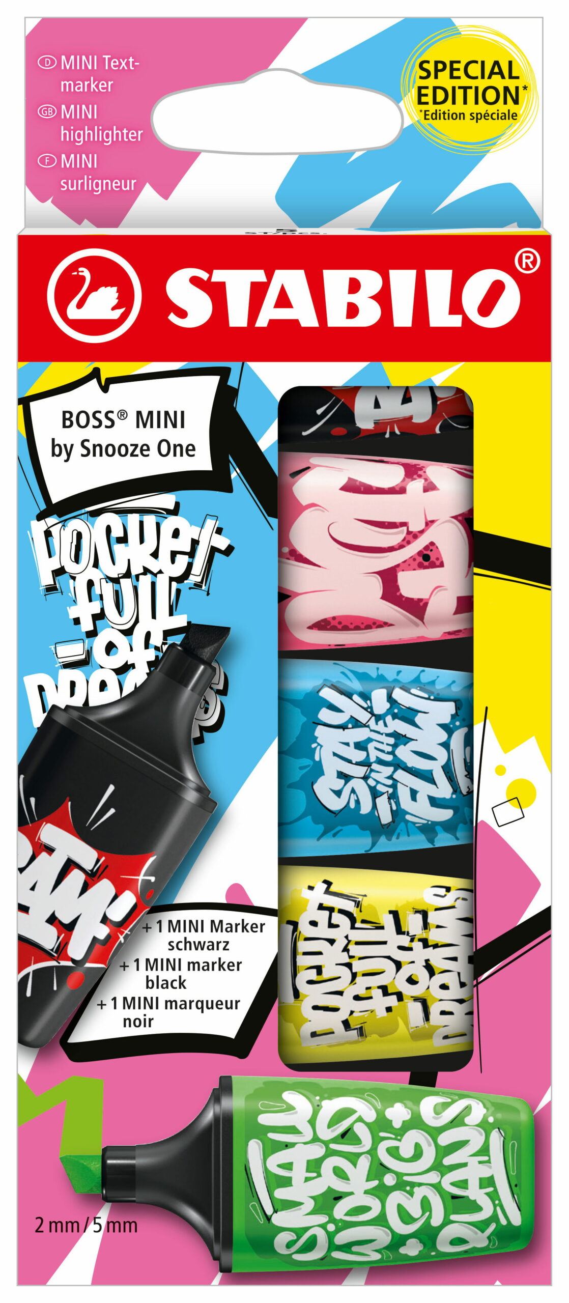 Etui carton de cinq surligneurs vert + jaune + bleu + rose + noir STABILO Surligneur Multicolore pou