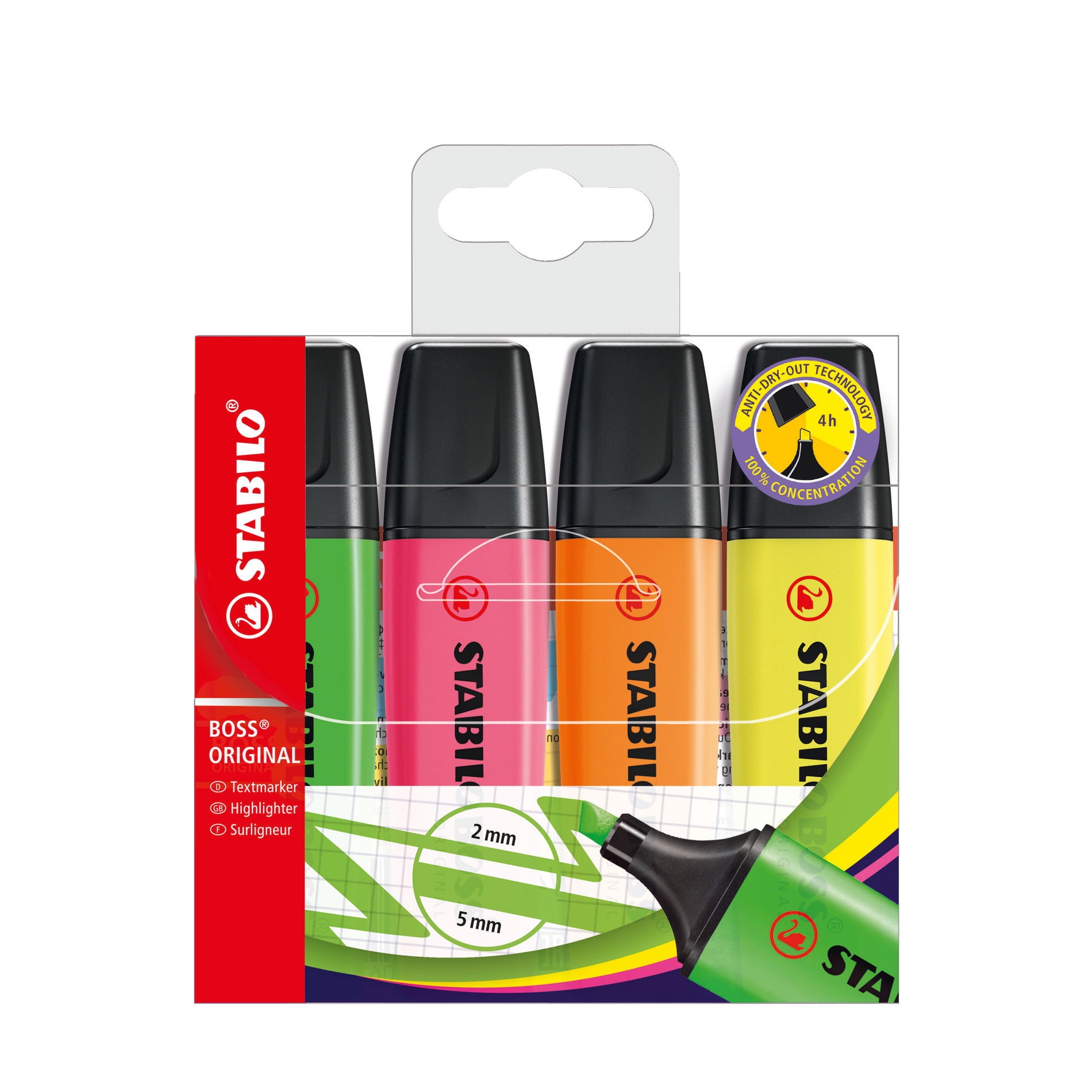 paquet avec 4 couleurs: jaune, vert, orange, rose STABILO Stylo Multicolore pour Étudiants et Profes