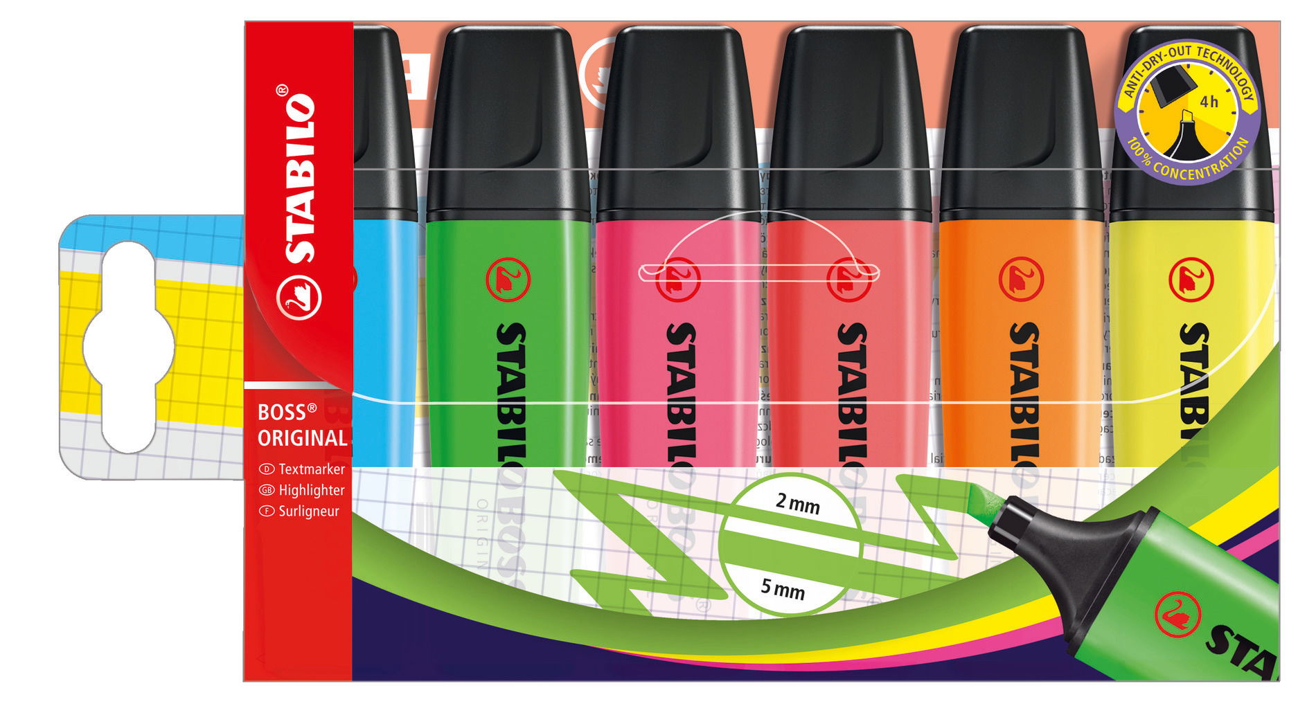 paquet avec 6 couleurs: jaune, bleu, vert, rouge, orange, rose STABILO Stylo Multicolore pour Étudia