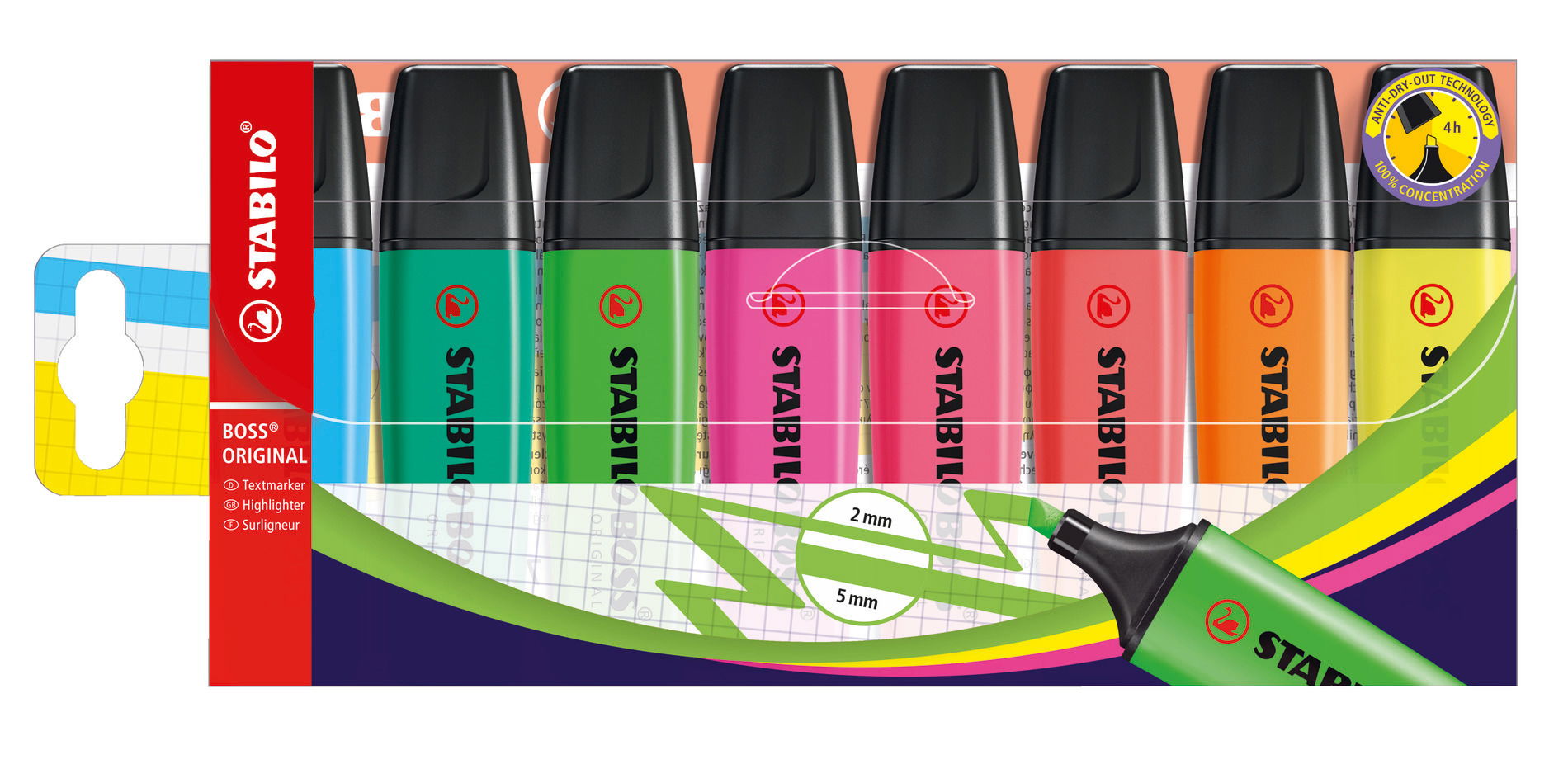 paquet avec 8 couleurs: jaune, bleu, vert, rouge, turquoise, orange, rose, lilas STABILO Stylo Multi