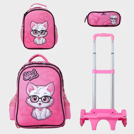 Cartable à roulettes fille détachable 17 pouces chat + Trousse & Lunch Bag