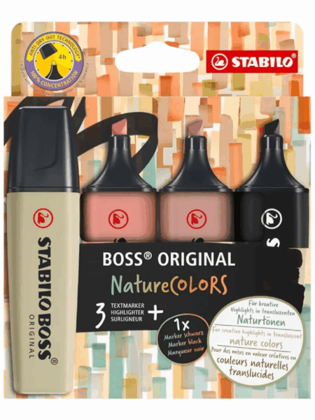 STABILO BOSS BUREAU - SET DE 3 NATURE + MARQUEUR NOIR