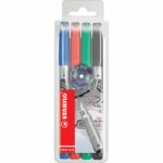 Marqueur permanent pointe super fine STABILO Write-4-allPochette de 4 marqueurs noir + bleu + rouge + vert 166/4