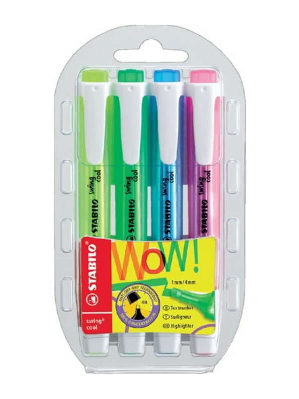 Surligneur format stylo STABILO swing coolPochette de 4 surligneurs jaune + bleu + vert + rose 275/4