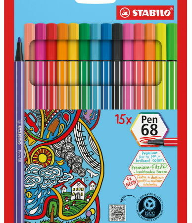 Feutre de dessin de qualité premium STABILO Pen 68Etui carton de 15 feutres coloris assortis dont 5 fluo EO6815-2