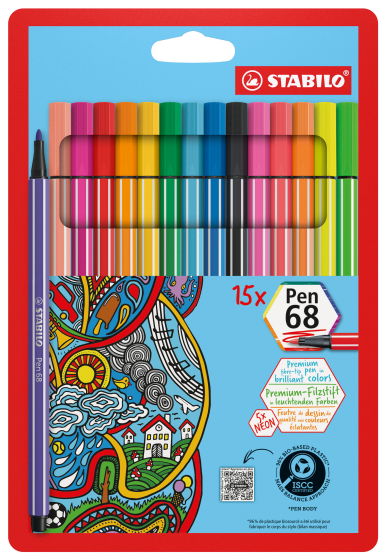 Feutre de dessin de qualité premium STABILO Pen 68Etui carton de 15 feutres coloris assortis dont 5 fluo EO6815-2