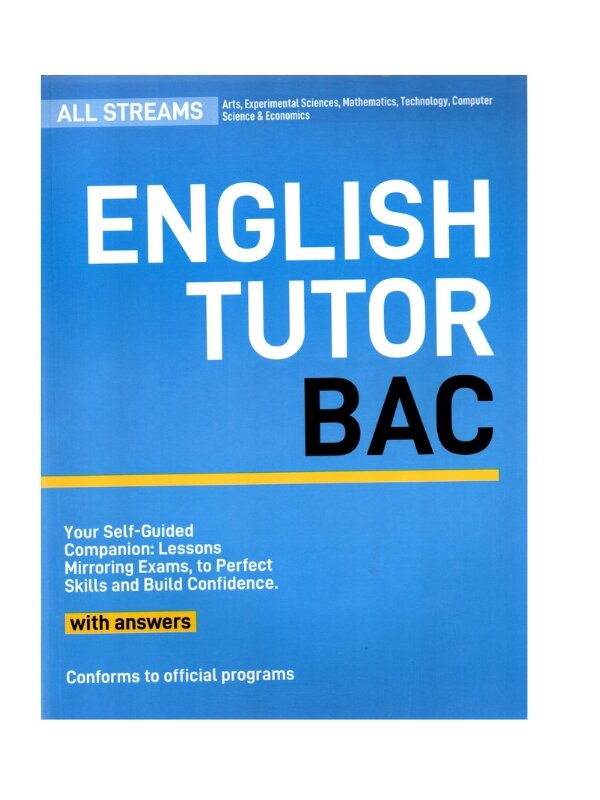 Couverture du manuel de révision English Tutor BAC. Guide complet pour la Grammaire, l'Expression Écrite et les Sujets d'examen d'Anglais corrigés (4ème Année).