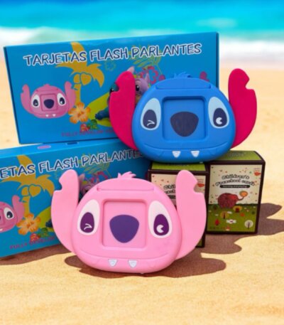 Lecteur de cartes flash parlantes Stitch/Angel avec cartes bilingues (anglais-espagnol), un cadeau éducatif pour enfant en Tunisie.