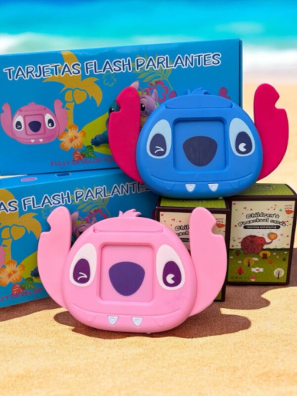 Lecteur de cartes flash parlantes Stitch/Angel avec cartes bilingues (anglais-espagnol), un cadeau éducatif pour enfant en Tunisie.