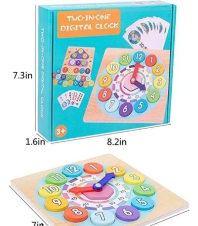 Emballage du jeu "Two-in-One Digital Clock" pour enfants de 3 ans et plus, dimensions 8.2in x 7.3in.