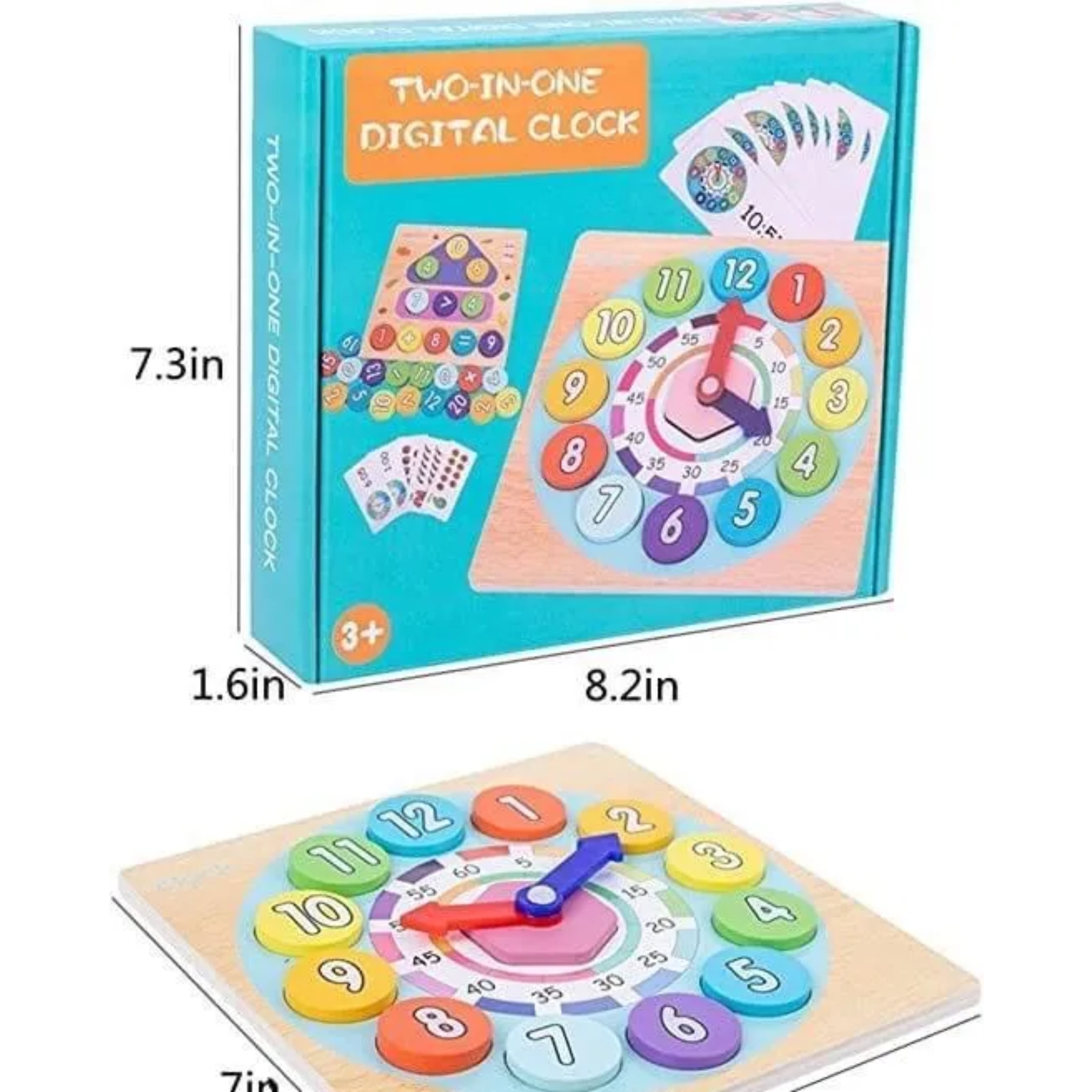 Emballage du jeu "Two-in-One Digital Clock" pour enfants de 3 ans et plus, dimensions 8.2in x 7.3in.