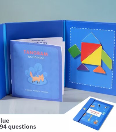 Jeu de Tangram Magnétique ouvert, montrant 294 défis et le livret éducatif.