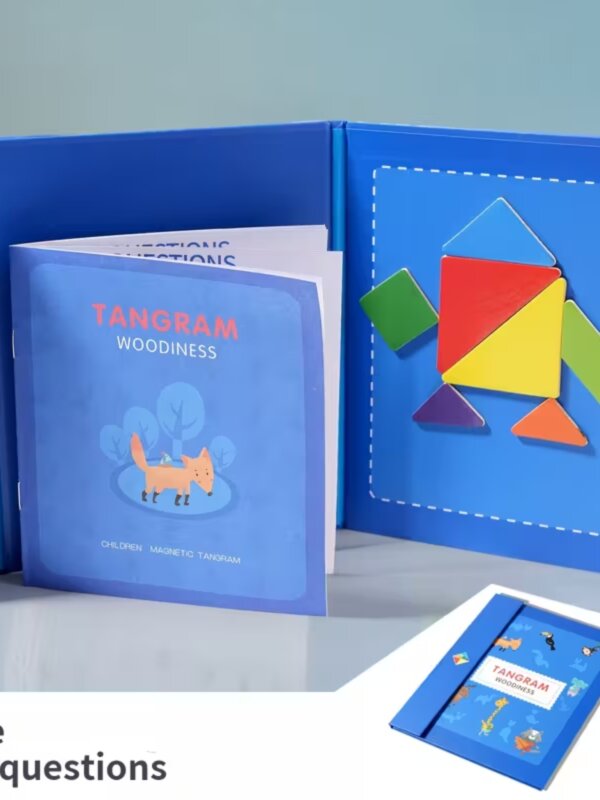 Jeu de Tangram Magnétique ouvert, montrant 294 défis et le livret éducatif.