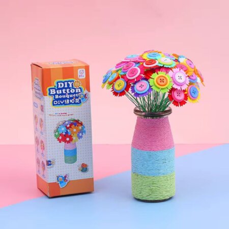 Kit DIY Fleurs Boutons montrant la boîte et le bouquet fini, développe la motricité fine de l'enfant.