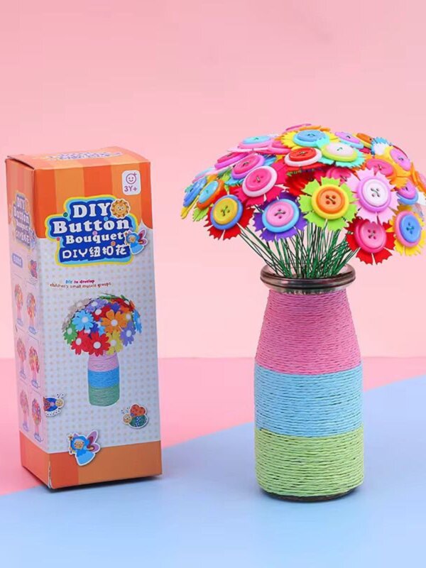 Kit DIY Fleurs Boutons montrant la boîte et le bouquet fini, développe la motricité fine de l'enfant.