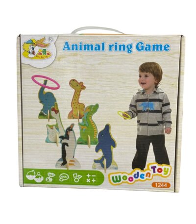 Jeu Lancer Anneaux Bois Animaux, "Wooden Toy 1244", cadeau enfant Tunisie, cibles girafe, éléphant, dauphin.