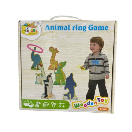 Jeu Lancer Anneaux Bois Animaux, "Wooden Toy 1244", cadeau enfant Tunisie, cibles girafe, éléphant, dauphin.