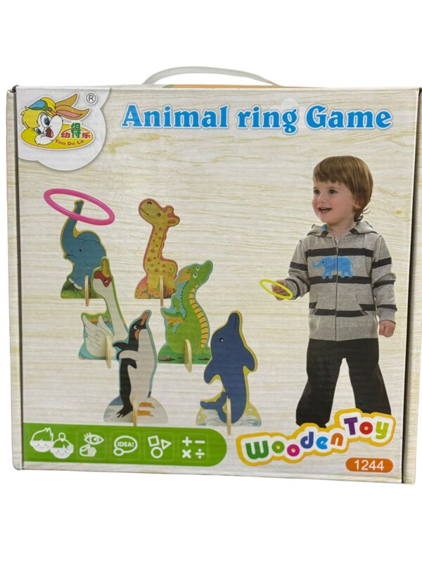 Jeu Lancer Anneaux Bois Animaux, "Wooden Toy 1244", cadeau enfant Tunisie, cibles girafe, éléphant, dauphin.
