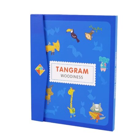 Coffret bleu du Tangram Magnétique Woodiness pour enfant, parfait comme cadeau en Tunisie.