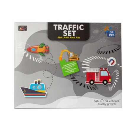 Scène de jeu ouverte du Puzzle Magnétique Trafic montrant des véhicules (excavatrice, hélicoptère) et panneaux de signalisation.