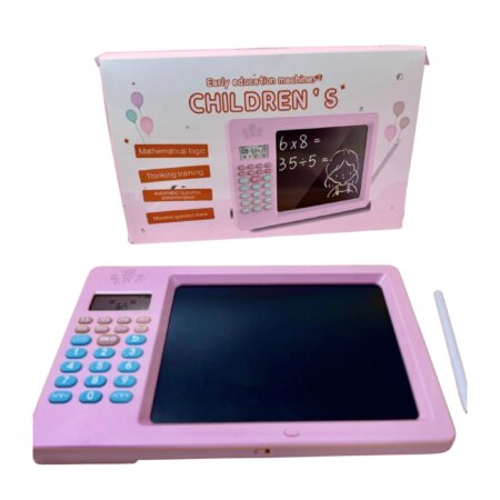 Tablette de Calcul LCD Rose, ardoise magique et clavier de calcul, avec banque de questions massive.