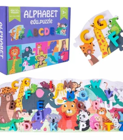 Puzzle Alphabet Animaux Bois de QIYI Wooden, complet avec 26 lettres et la planche illustrée.