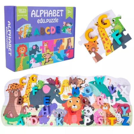 Puzzle Alphabet Animaux Bois de QIYI Wooden, complet avec 26 lettres et la planche illustrée.