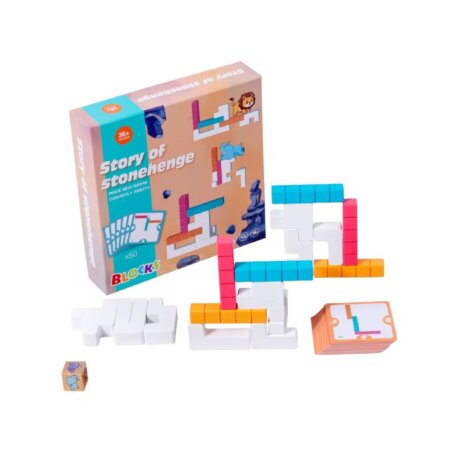 Set du Jeu Stonehenge montrant l'assemblage 3D de blocs colorés et les cartes de construction.