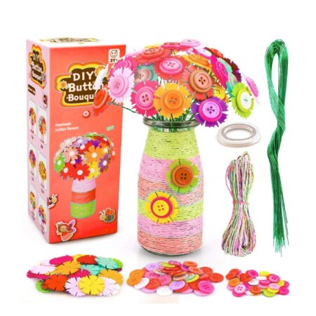 Kit Bricolage DIY Button Bouquet (fleurs en boutons), set complet avec fils et boutons colorés, pour enfant 3+.