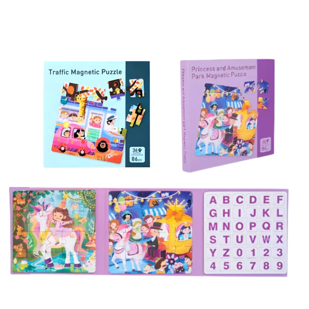 Puzzle Magnétique Princesse Trafic Enfant Tunisie, set 86 pièces avec lettres et chiffres, cadeau voyage.