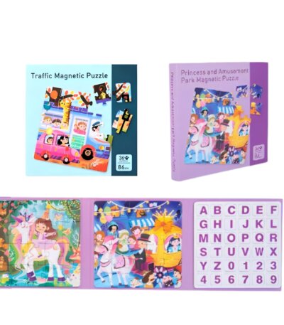 Puzzle Magnétique Princesse Trafic Enfant Tunisie, set 86 pièces avec lettres et chiffres, cadeau voyage.