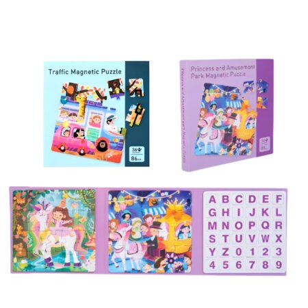 Puzzle Magnétique Princesse Trafic Enfant Tunisie, set 86 pièces avec lettres et chiffres, cadeau voyage.