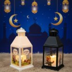 طقم فوانيس رمضان قطعتين أبيض وأسود مع رسومات مساجد تونس