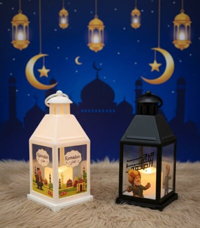 طقم فوانيس رمضان قطعتين أبيض وأسود مع رسومات مساجد تونس