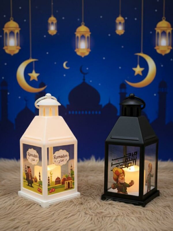 طقم فوانيس رمضان قطعتين أبيض وأسود مع رسومات مساجد تونس