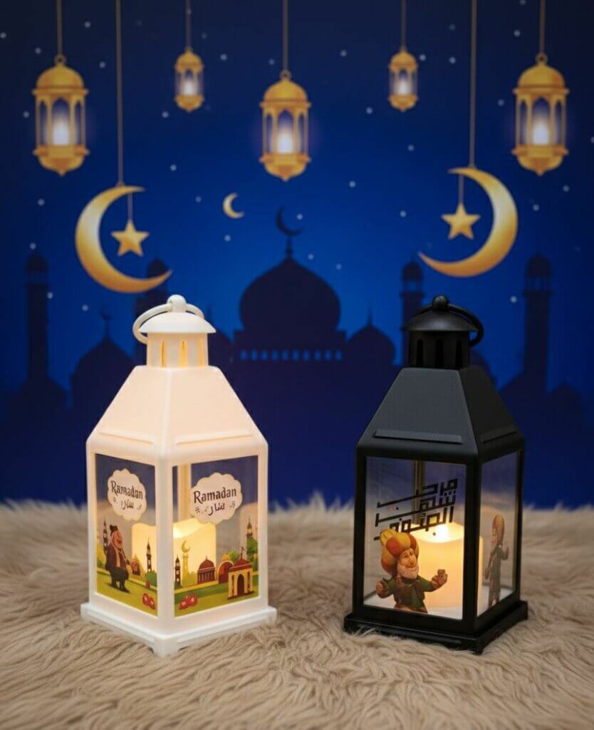 طقم فوانيس رمضان قطعتين أبيض وأسود مع رسومات مساجد تونس