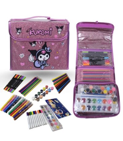 Contenu intérieur Valise de Peinture Kuromi 123 pièces avec crayons feutres et aquarelle