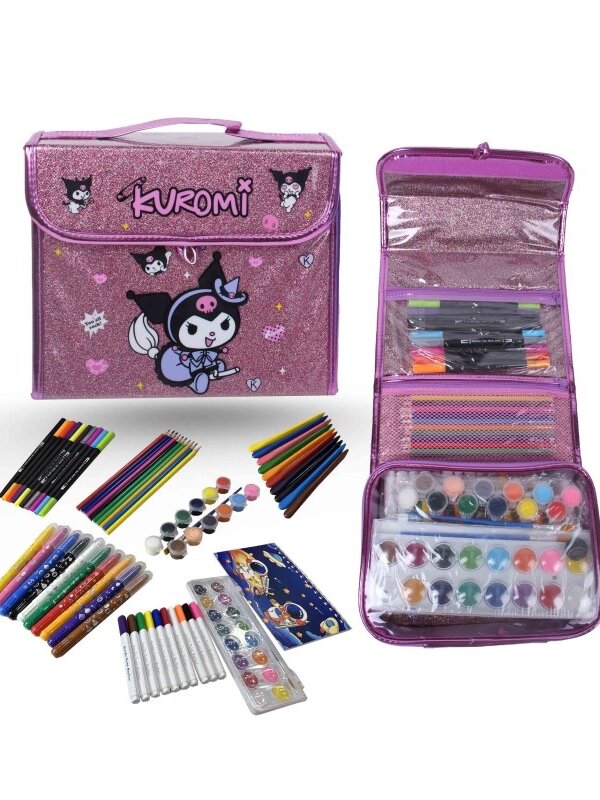 Contenu intérieur Valise de Peinture Kuromi 123 pièces avec crayons feutres et aquarelle
