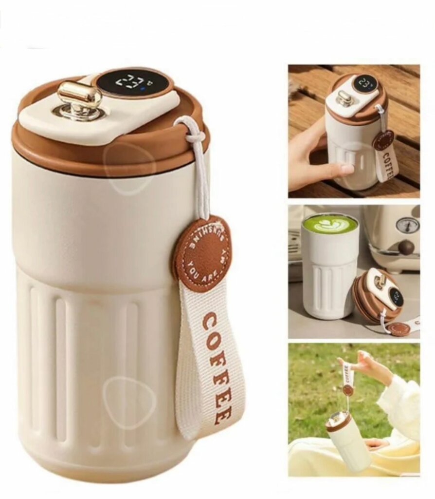 Un mug isotherme de couleur crème et marron avec un affichage numérique de la température sur le couvercle
