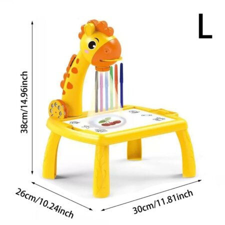 Table de dessin enfant jaune en forme de girafe avec projecteur intégré, dimensions 38 x 30 x 26 cm, modèle taille L.