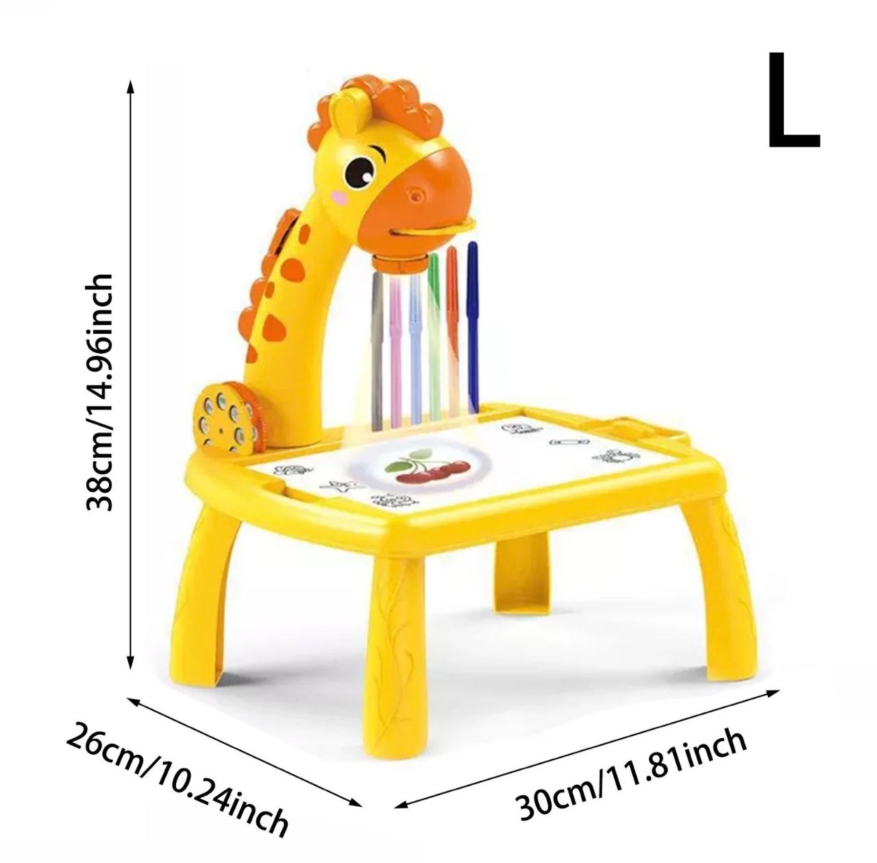 Table de dessin enfant jaune en forme de girafe avec projecteur intégré, dimensions 38 x 30 x 26 cm, modèle taille L.