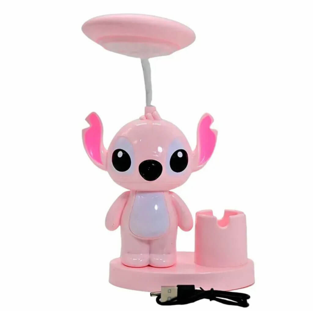 Lampe de bureau Stitch rose avec pot à crayons et tête LED flexible rechargeable.