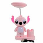 Lampe de bureau Stitch rose avec pot à crayons et tête LED flexible rechargeable.