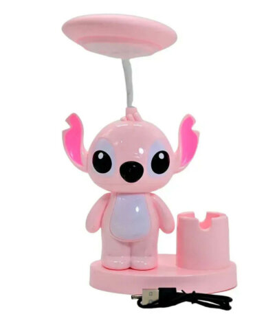 Lampe de bureau Stitch rose avec pot à crayons et tête LED flexible rechargeable.