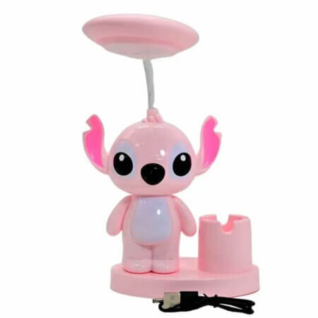 Lampe de bureau Stitch rose avec pot à crayons et tête LED flexible rechargeable.