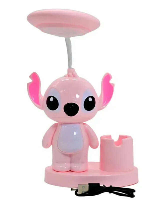 Lampe de bureau Stitch rose avec pot à crayons et tête LED flexible rechargeable.