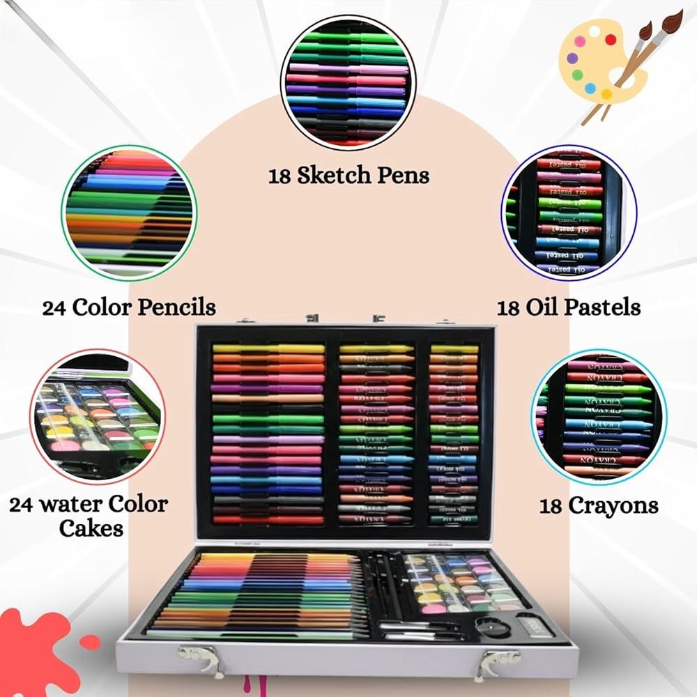 Photo d'un kit d'art complet présenté dans une mallette grise ouverte. L'image affiche des cercles zoomés détaillant le contenu : 18 feutres, 24 crayons de couleur, 24 pastels d'aquarelle, 18 pastels à l'huile et 18 crayons de cire. Une icône de palette de peintre illustre le coin supérieur droit.