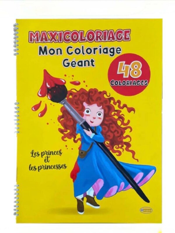 Couverture d'un cahier de coloriage à spirales jaune vif intitulé « MAXICOLORIAGE Mon Coloriage Géant », avec le sous-titre « Les princes et les princesses »