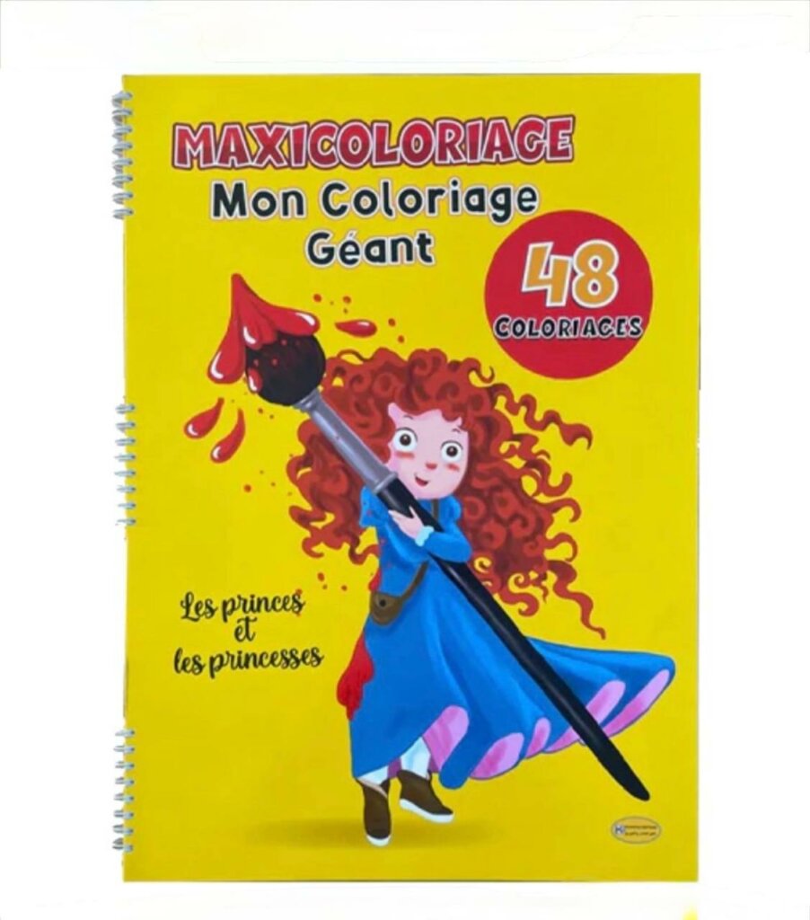 Couverture d'un cahier de coloriage à spirales jaune vif intitulé « MAXICOLORIAGE Mon Coloriage Géant », avec le sous-titre « Les princes et les princesses »